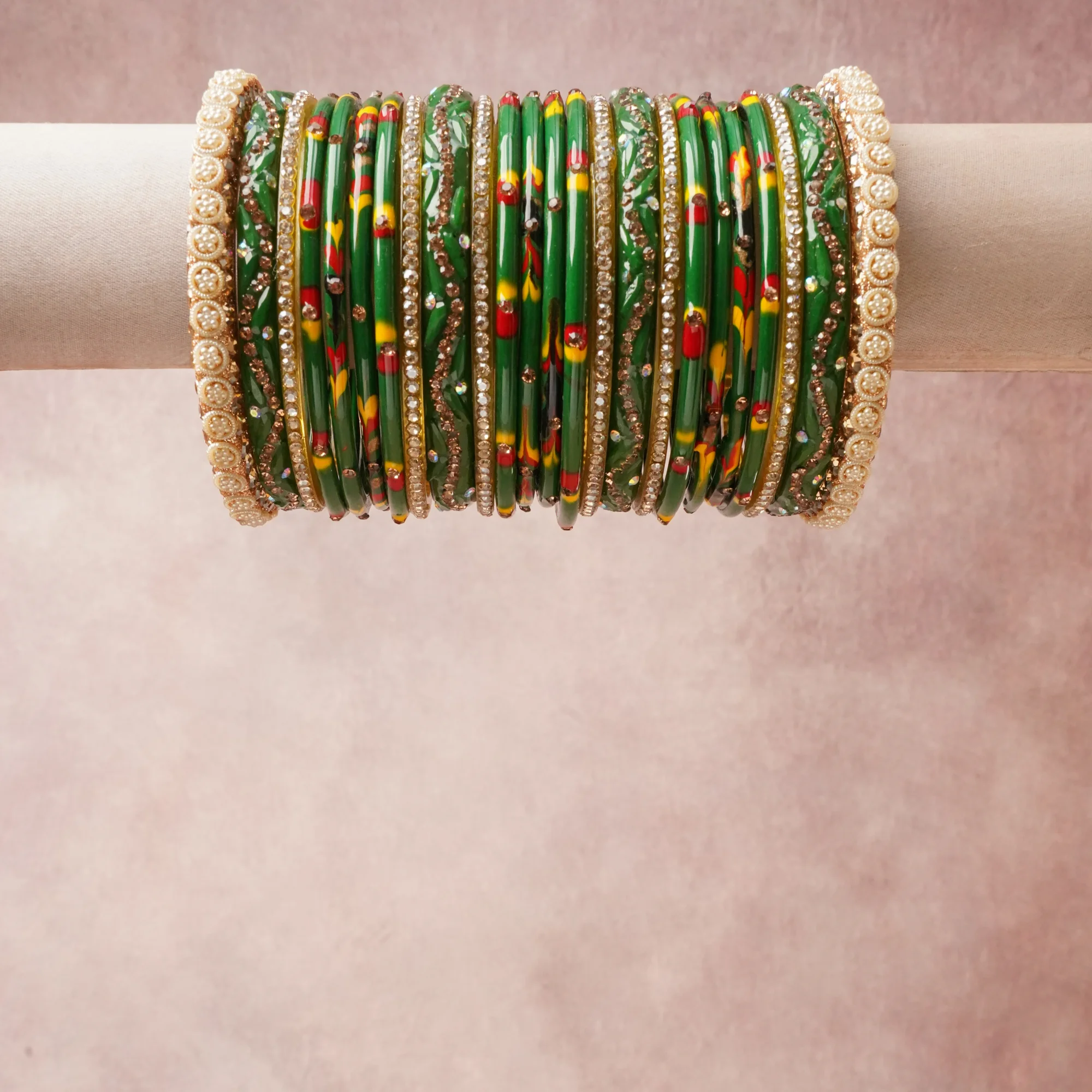 A commanding Deep Forest Green anchors this beautiful set, enriched with accents of Marigold Yellow, Scarlet Red, Antique Gold, Clear, Cream that add depth and dimension.

Featuring a striking composition of Glass, Brass, Cubic Zirconia, Imitation Pearl, Enamel Paint, this set carries intricate craftsmanship and strong presence. Grand in form, it is created for moments that deserve to be marked.